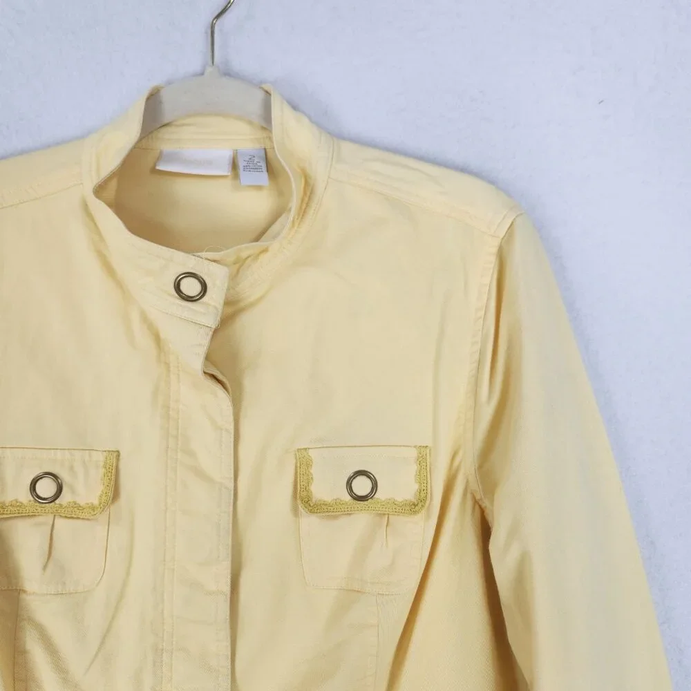Chicos Jacket Womens 2 Yellow 12 Snap Front Ruffle Utility Casual Classic